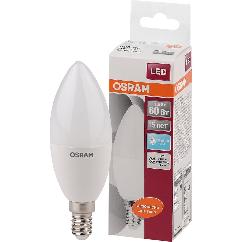Светодиодная лампа Osram LED STAR B Свеча 6.5Вт E14 600Лм 4000К Нейтральный белый свет 4058075134140