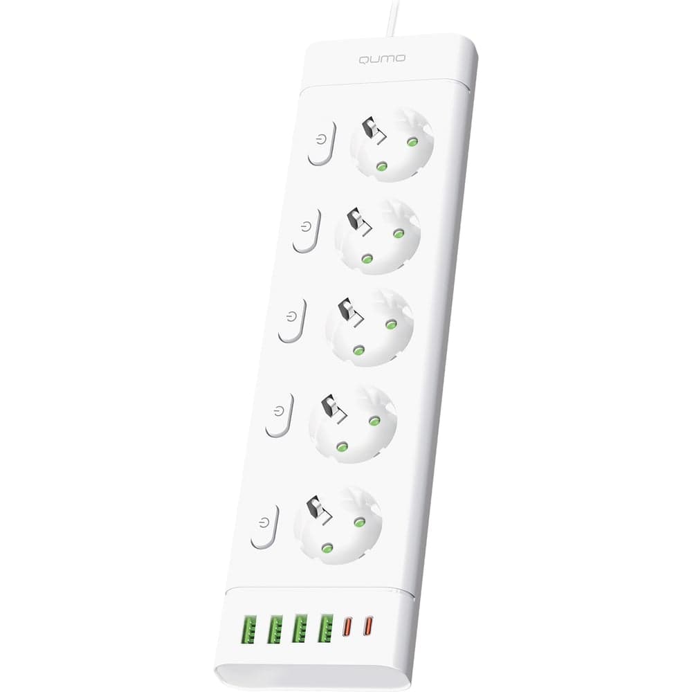 Сетевой фильтр QUMO Power Bar SPFSU2 (P-0009), 5 выключаемых розеток, 2500 Вт, 10A, кабель 3м 3*1 мм чистая медь, пожаробезопасный пластик, евровилка, 4 USB-A и 2 Type-C порт 2,4A суммарно (цвет белый) 51562