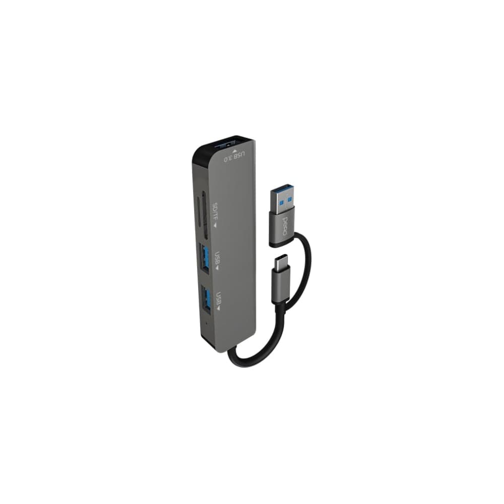 Мульти Хаб PERO MH05, USB-С/USB-A TO SD + TF + USB 3.0 + 2xUSB 2.0, серый MH05GR