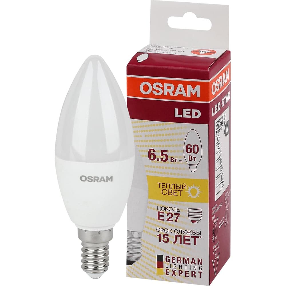 Светодиодная лампа Osram LED STAR B Свеча 6.5Вт E14 550 Лм 2700 К Теплый белый свет 4058075134171