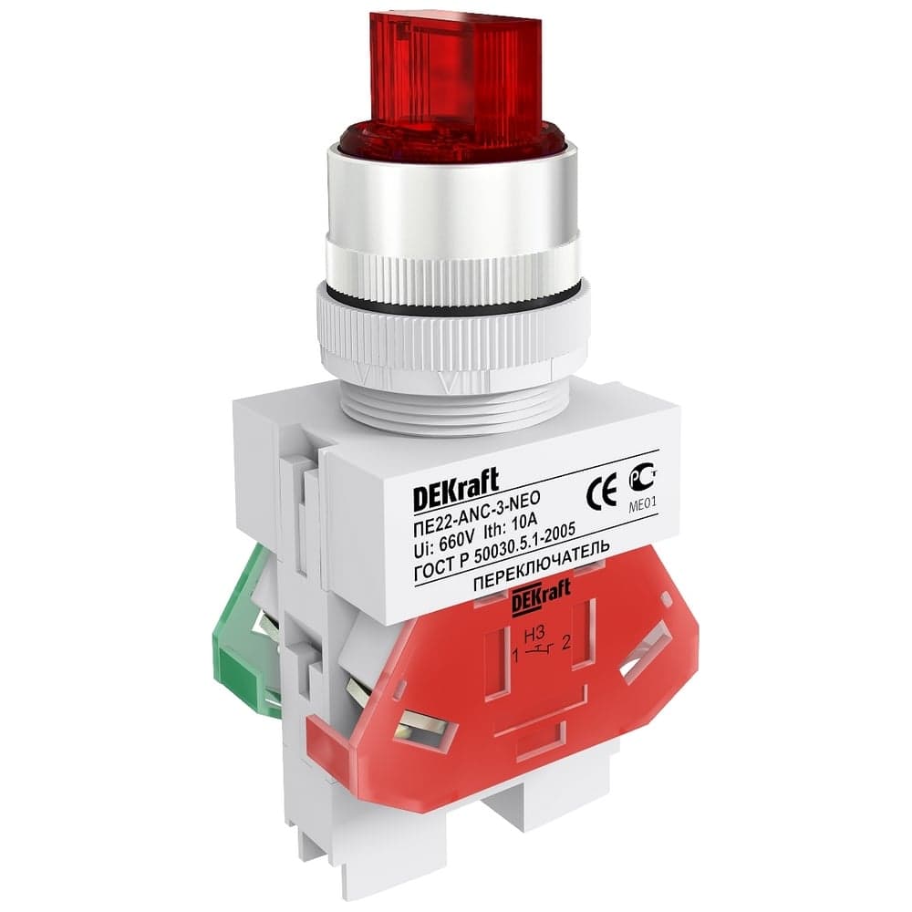 Переключатель ПЕ-22 LED 24 В 10 А 1НО+1НЗ красный Dekraft 25073DEK