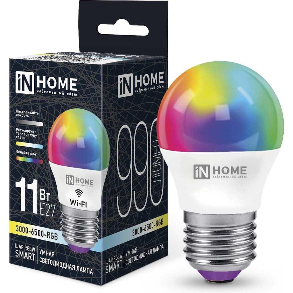 Лампа светодиодная IN HOME LED-ШАР-RGBW-SMART 11Вт 230В диммер Е27 3000-6500К 990Лм 4690612050058