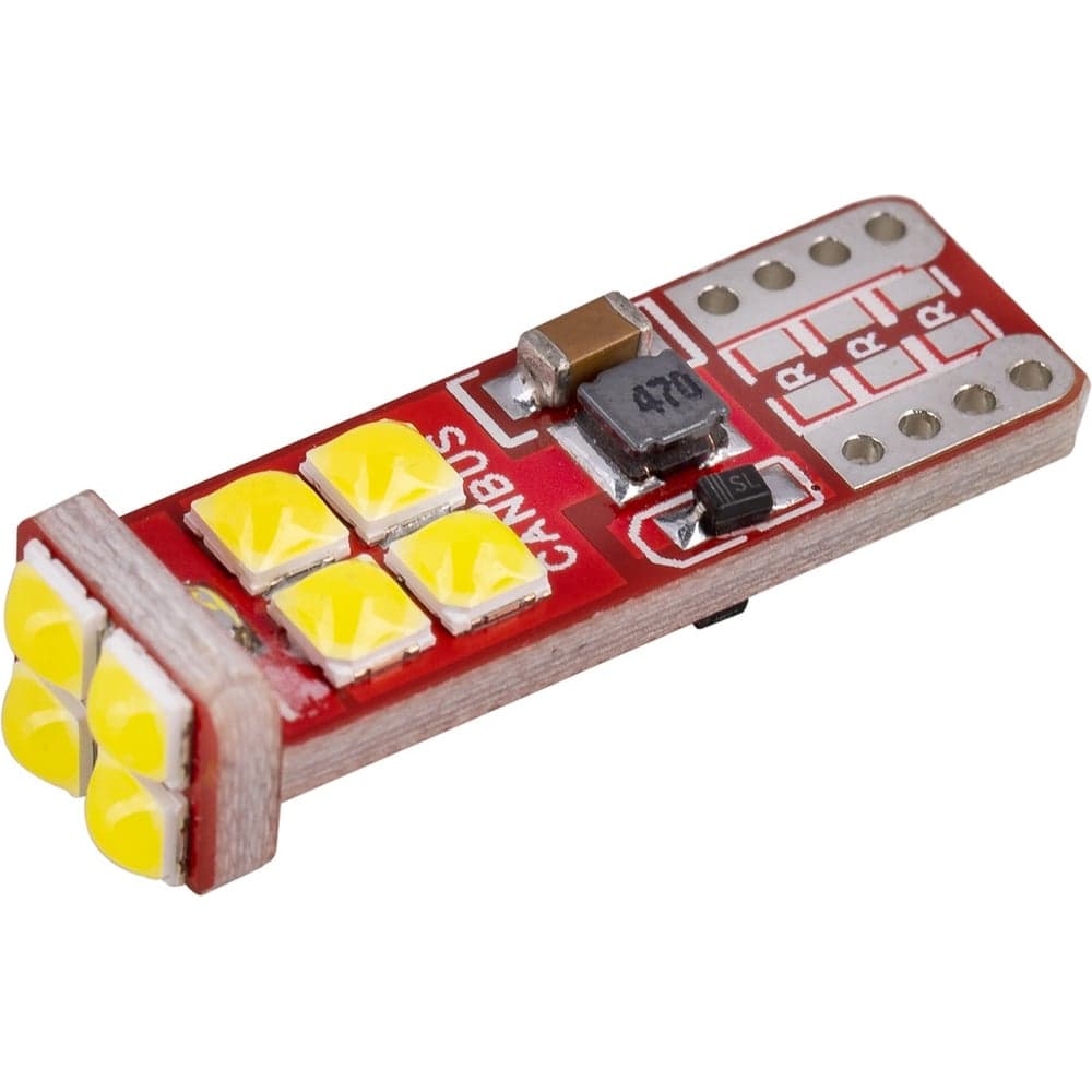 Автолампа диод SKYWAY T10 (W5W) 12/24V 12 SMD без цоколя 1-конт биполярная Белая CAN BUS комп.2 шт габарит/стоп/салон/номер S08202078/K