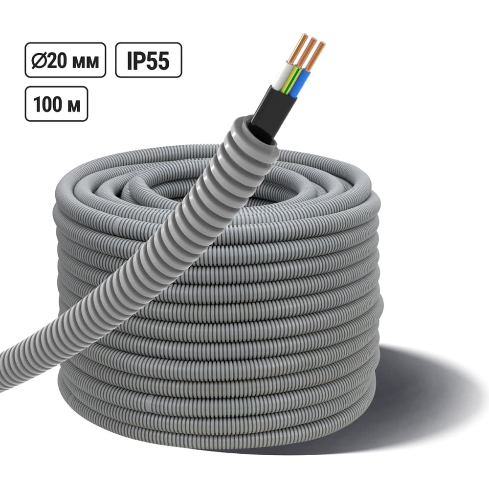 Кабель TDM ELECTRIC ВВГ-Пнг(А)-LS 3x1,5ок(N,PE)-0,66 ГОСТ в гофрированной трубе ПВХ d20 серый 100 метров SQ0140-2103