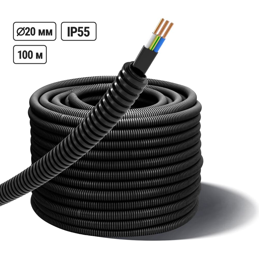 Кабель TDM ELECTRIC ВВГ-Пнг(А)-LS 3x2,5ок(N,PE)-0,66 ГОСТ в гофрированной трубе ПНД d20 черный 100 метров SQ0140-1102