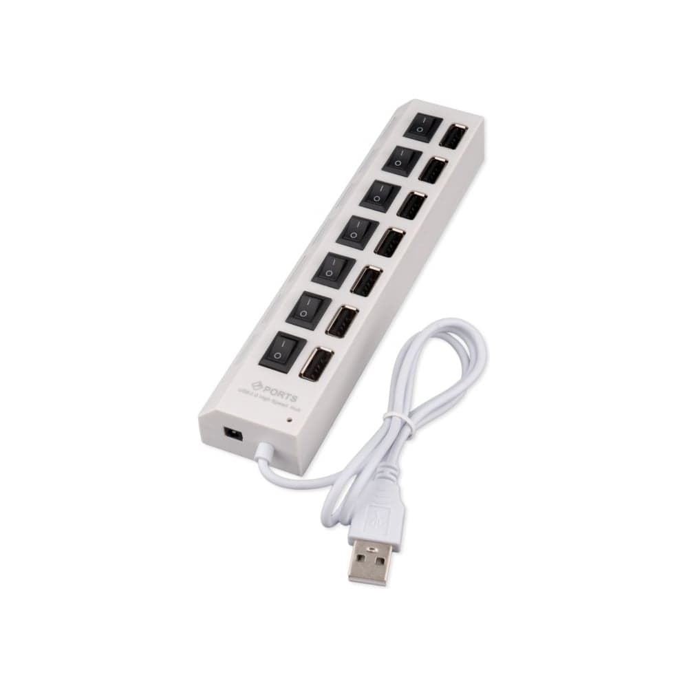 Разветвитель Gembird USB2.0, 7хUSB, с доп. питанием, подсветка и выключатели, кабель USB 55см, белый, коробка UHB-U2P7-01W