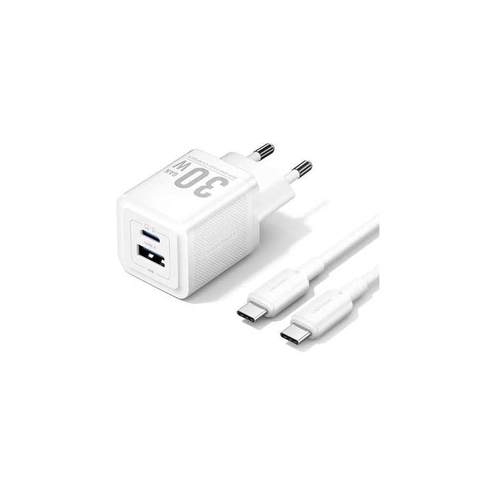 Набор для зарядки VENTION GaN 30W з/у 2 порта USB (C + A) и кабель USB-C 3А белый TZ-FEQW0-EU-01