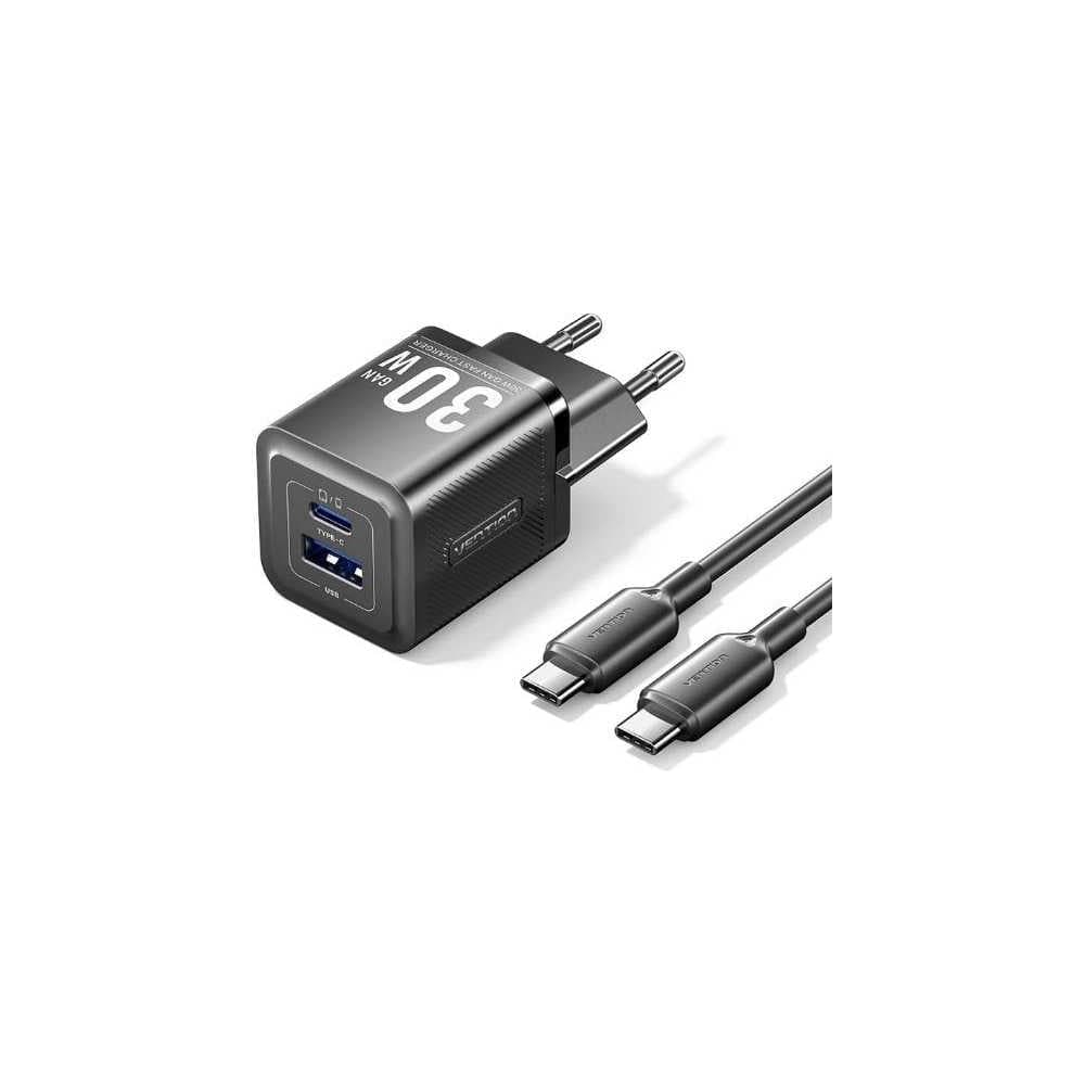 Набор для зарядки VENTION GaN 30W з/у 2 порта USB (C + A) и кабель USB-C 3А черный TZ-FEQB0-EU-01