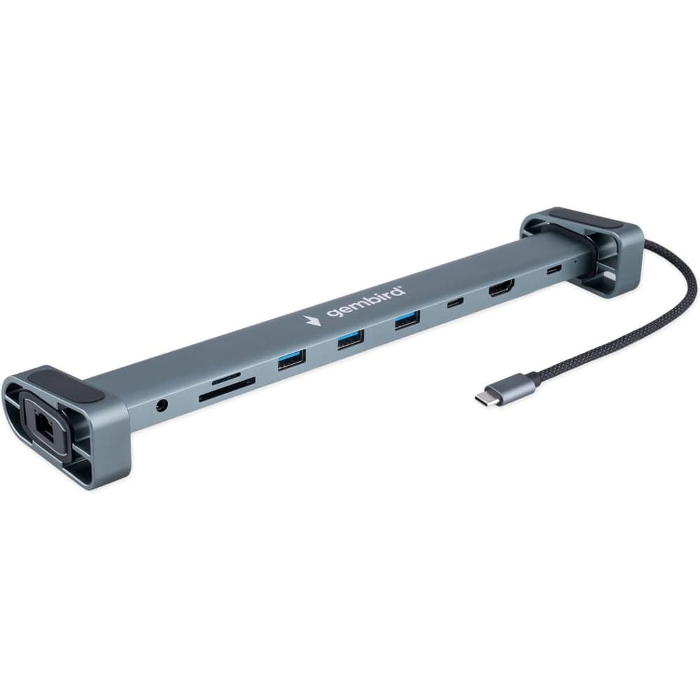 Док-станция Gembird Type-C, 10в1: 3xUSB3.1, Type-C PD87W, Jack 3.5, SD/TF, HDMI, RJ45, Type-C, кабель 14см, алюминий, UHB-D5
