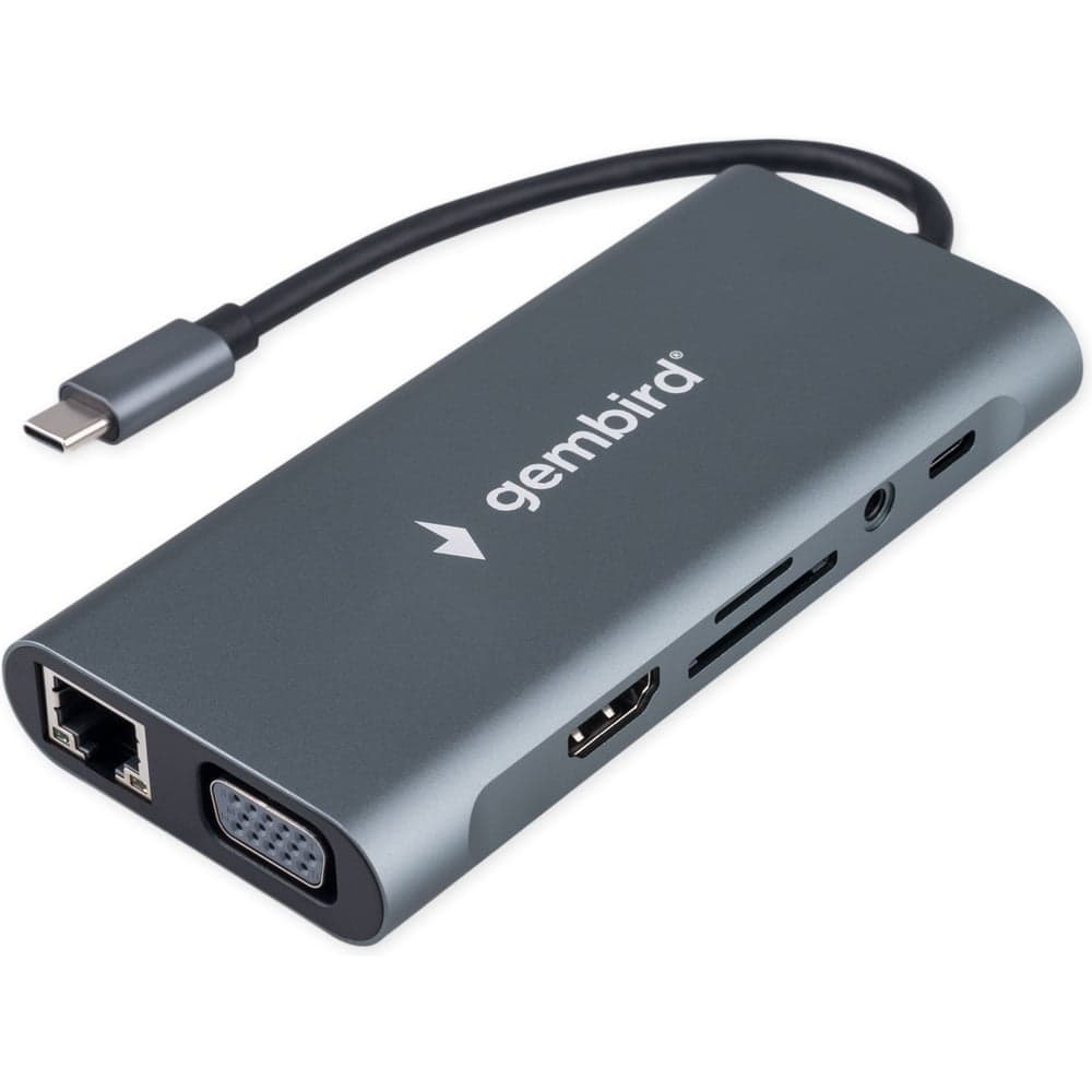 Док-станция Gembird Type-C, 10в1: 3xUSB3.1, Type-C PD87W, Jack 3.5, SD/TF, HDMI, RJ45, VGA, кабель 15см, алюминий, UHB-D4
