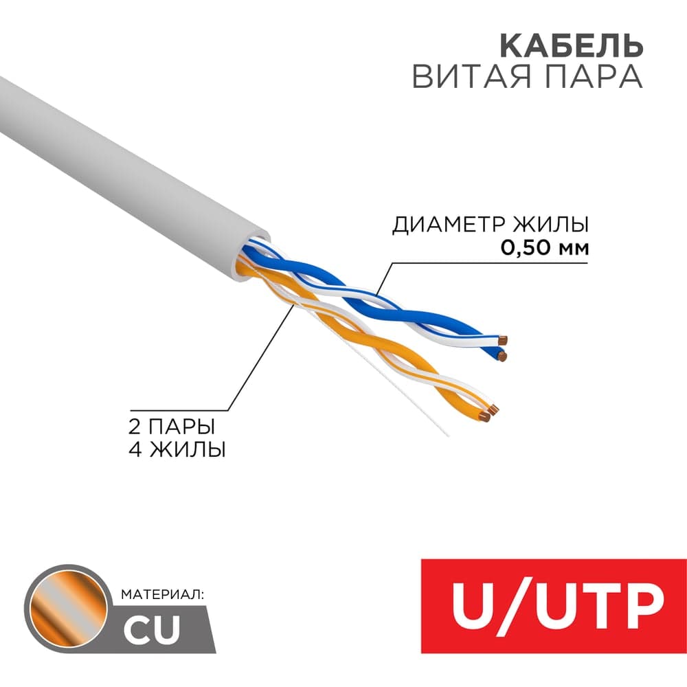 Кабель витая пара REXANT U/UTP, CAT 5e, PVC, 2PR, 24AWG, внутренний, серый, 305м, РФ 01-0023-R
