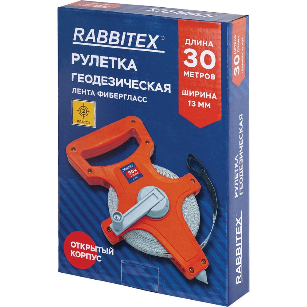 Рулетка геодезическая RABBITEX 30мх13мм, фибергласс, открытый корпус 671367
