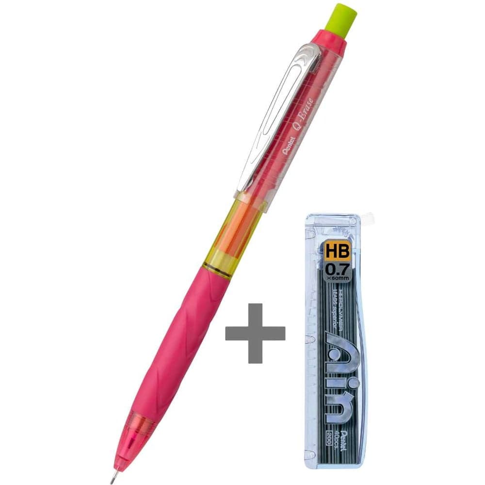 Автоматический карандаш Pentel Q-Erase, розовый корпус, 0.7 мм .с длинным выкручивающимся ластиком + грифели 0.7 мм HB 40 шт.PQE427P-C257 782725