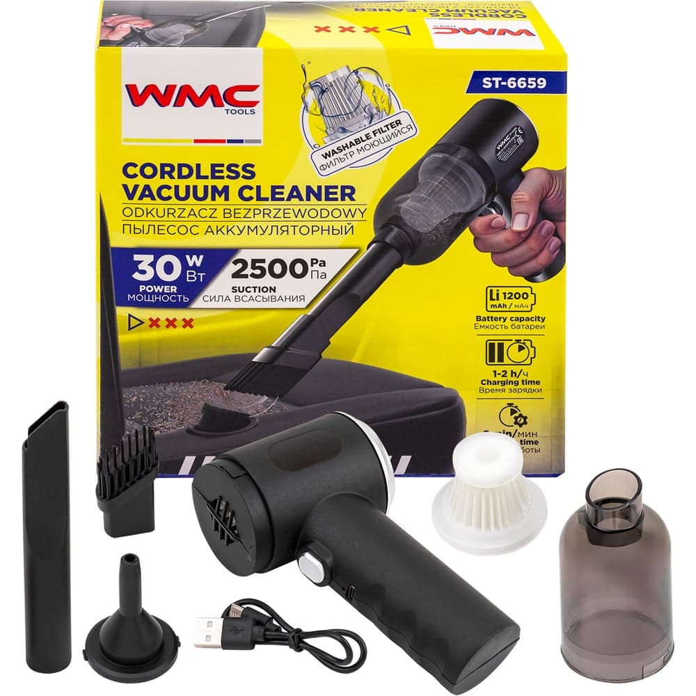 Пылесос портативный аккумуляторный WMC TOOLS (3,7В,1200мА/ч) 30Вт, контейнер 0,45л WMC-ST-6659(62516)