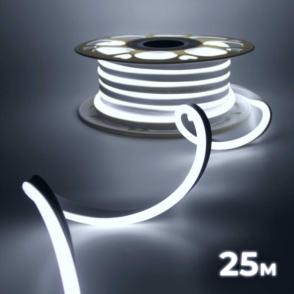 Светодиодная неоновая лента гибкая Baulamp 25м, 220В, 7Вт/м, холодный белый свет, 6500К, IP67 53019