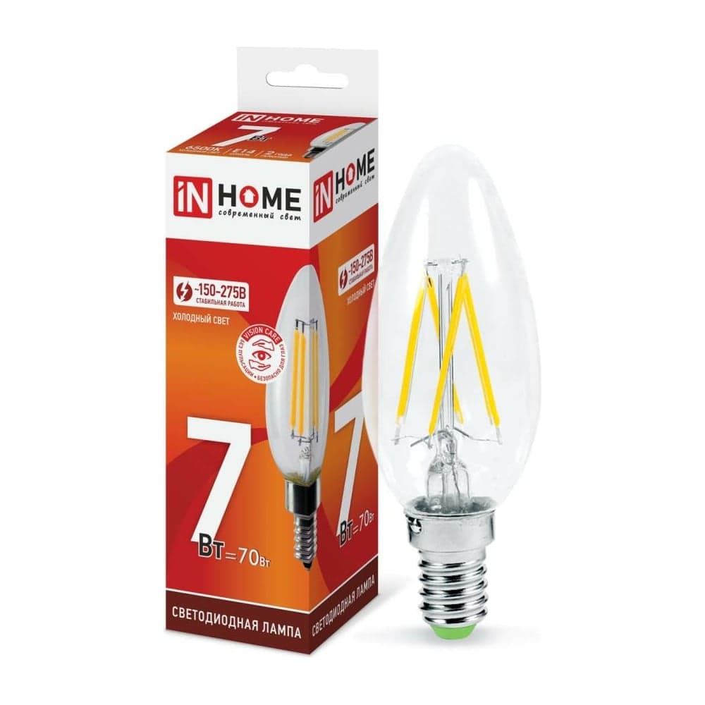 Светодиодная лампа IN HOME LED-СВЕЧА-deco 7Вт 230В Е14 6500К 630Лм прозрачная 4690612029665