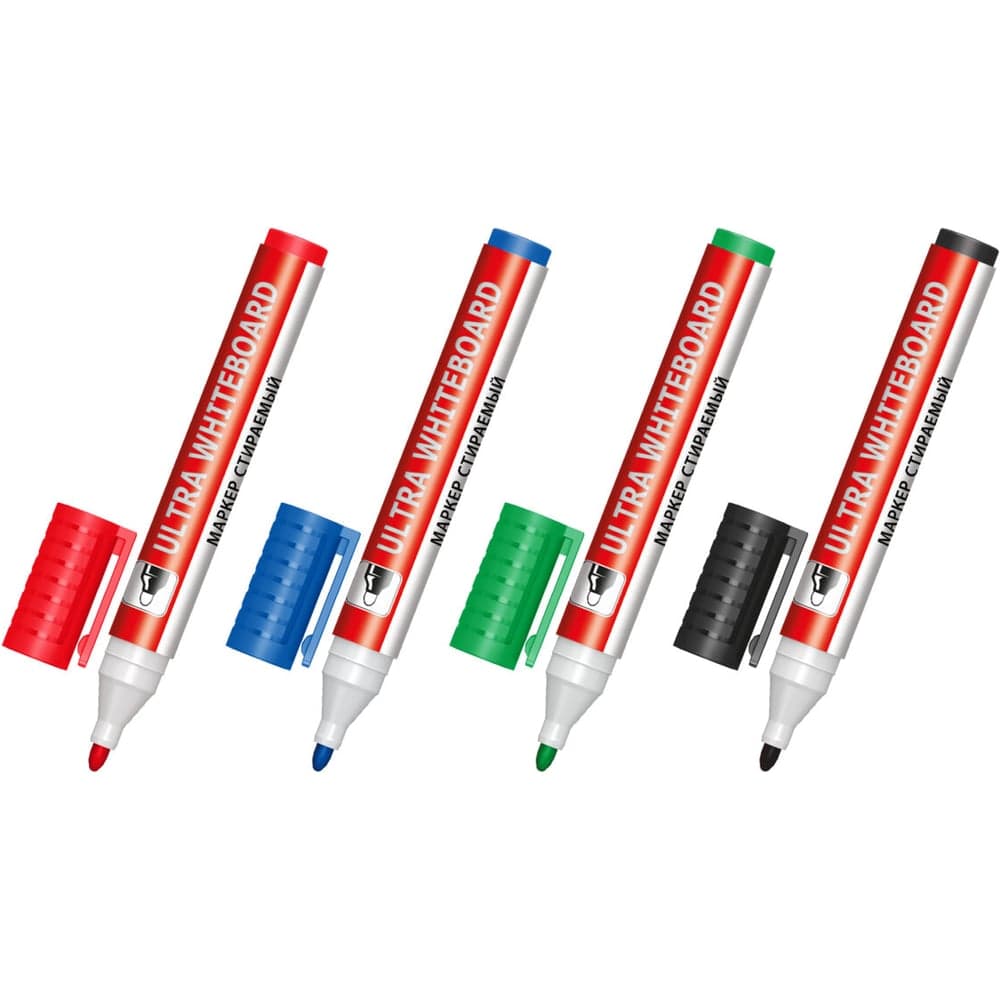 Маркеры стираемые для белой доски BRAUBERG НАБОР 4 ЦВЕТА, ULTRA WHITEBOARD MARKER, 3 мм, 152635