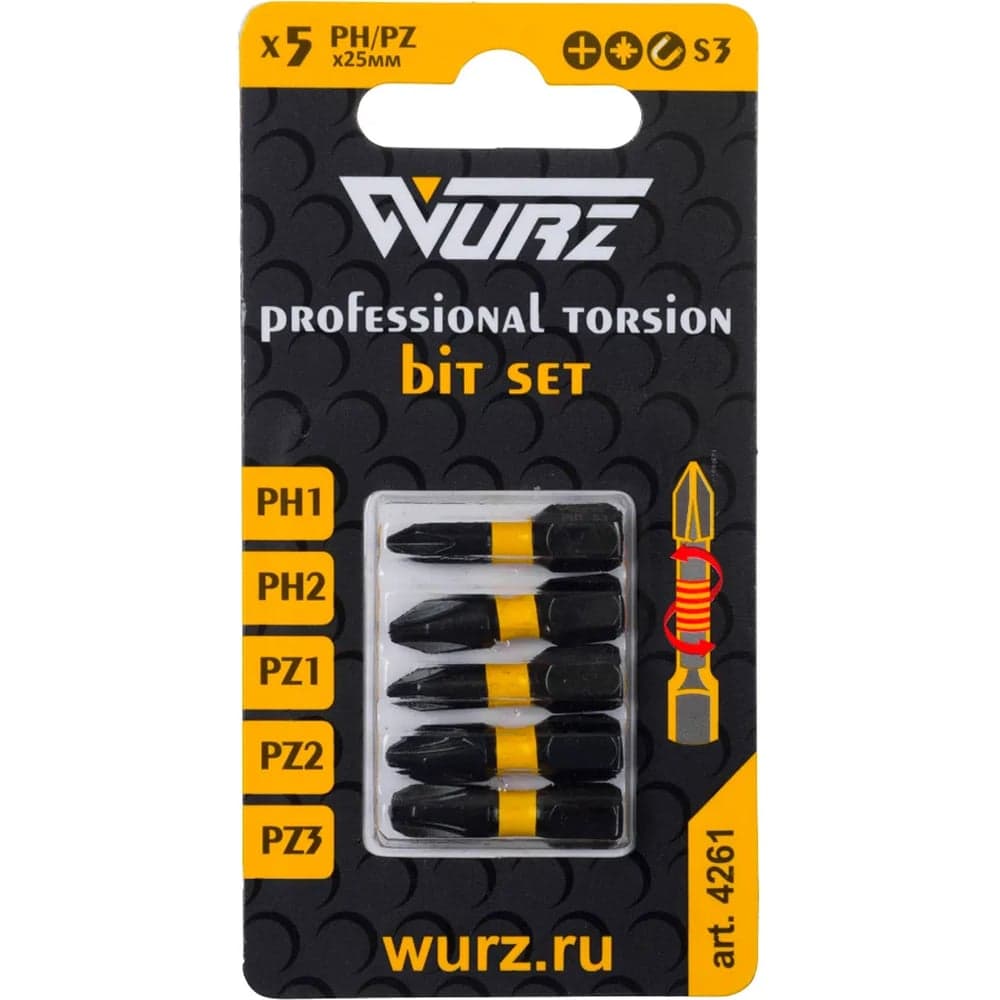 Набор торсионных магнитных бит WURZ 25мм, (PH1,PH2,PZ1,PZ2,PZ3), 5шт/бл 4261