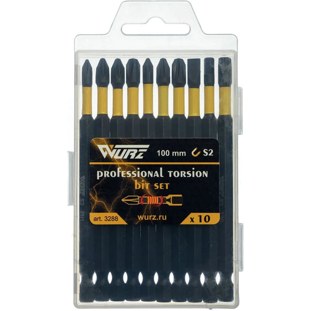 Набор торсионных магнитных бит WURZ 100мм, PH1,PH2(2),PH3,PZ1,PZ2,PZ3,T30,SL5.5,H4, 10шт/бокс 3288