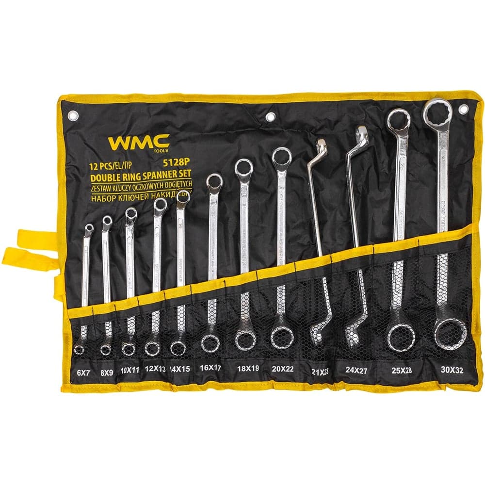 Ключи накидные, отогнутые на 75 градусов WMC TOOLS набор 12 предметов (6х7, 8х9, 10х11, 12х13, 14х15, 16х17, 18х19, 20х22, 21х23, 24х27, 25х28, 30х32мм) WMC-5128P(63063)