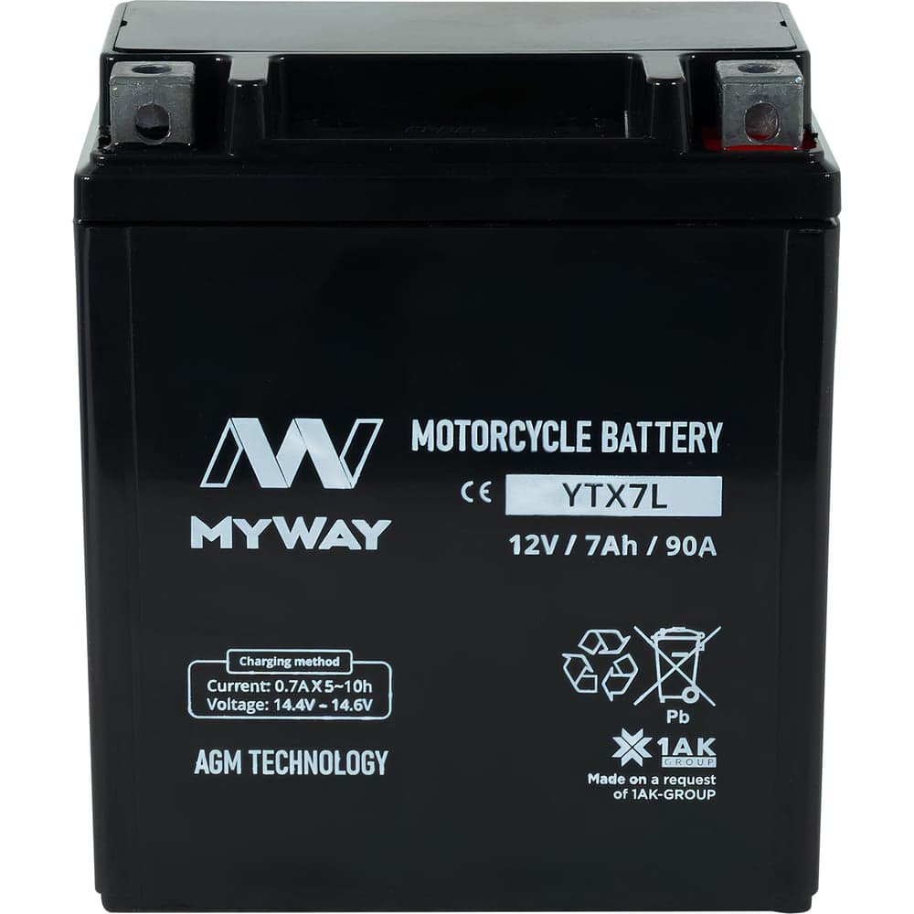Мотоаккумулятор 12V 7Ah YTX7L R+ для мотоцикла, мопеда и скутера, гидроцикла, квадроцикла, снегохода 113x70x130 MYWAY BIKE YTX7L