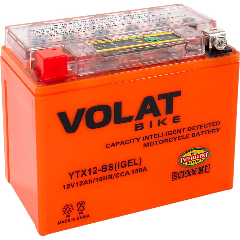 Мотоаккумулятор 12V 12Ah YTX12-BS(iGEL) L+ для мотоцикла, скутера, гидроцикла, квадроцикла, снегохода и генератора 150x87x130 VOLAT YTX12-BS(iGEL)