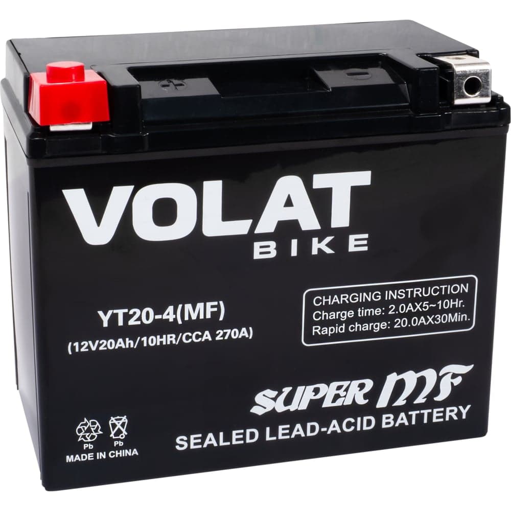 Мотоаккумулятор 12V 20Ah YT20-4(MF) L+ для мотоцикла, скутера, гидроцикла, квадроцикла, снегохода и генератора 175х87х155 Volat YT20-4(MF)