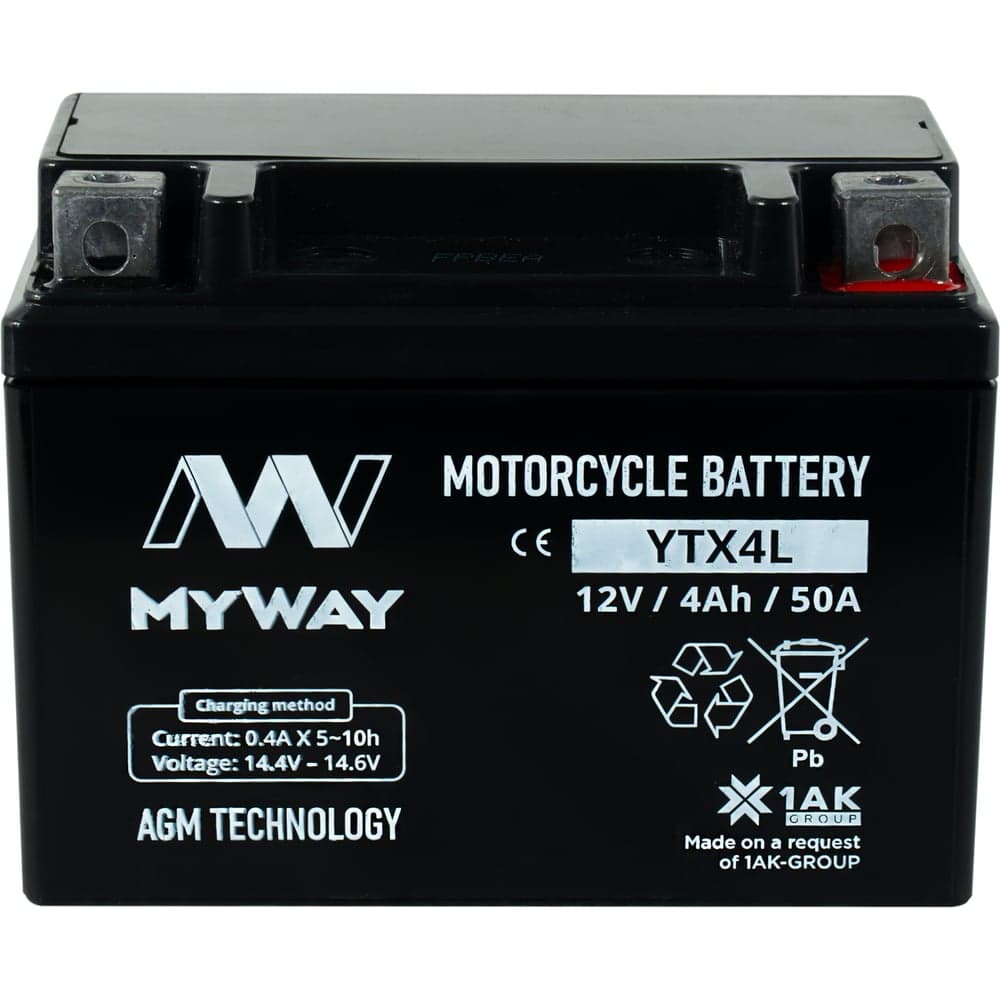 Мотоаккумулятор 12V 4Ah YTX4L R+ для мотоцикла, мопеда и скутера, гидроцикла, квадроцикла, снегохода 113x70x86 MYWAY BIKE YTX4L