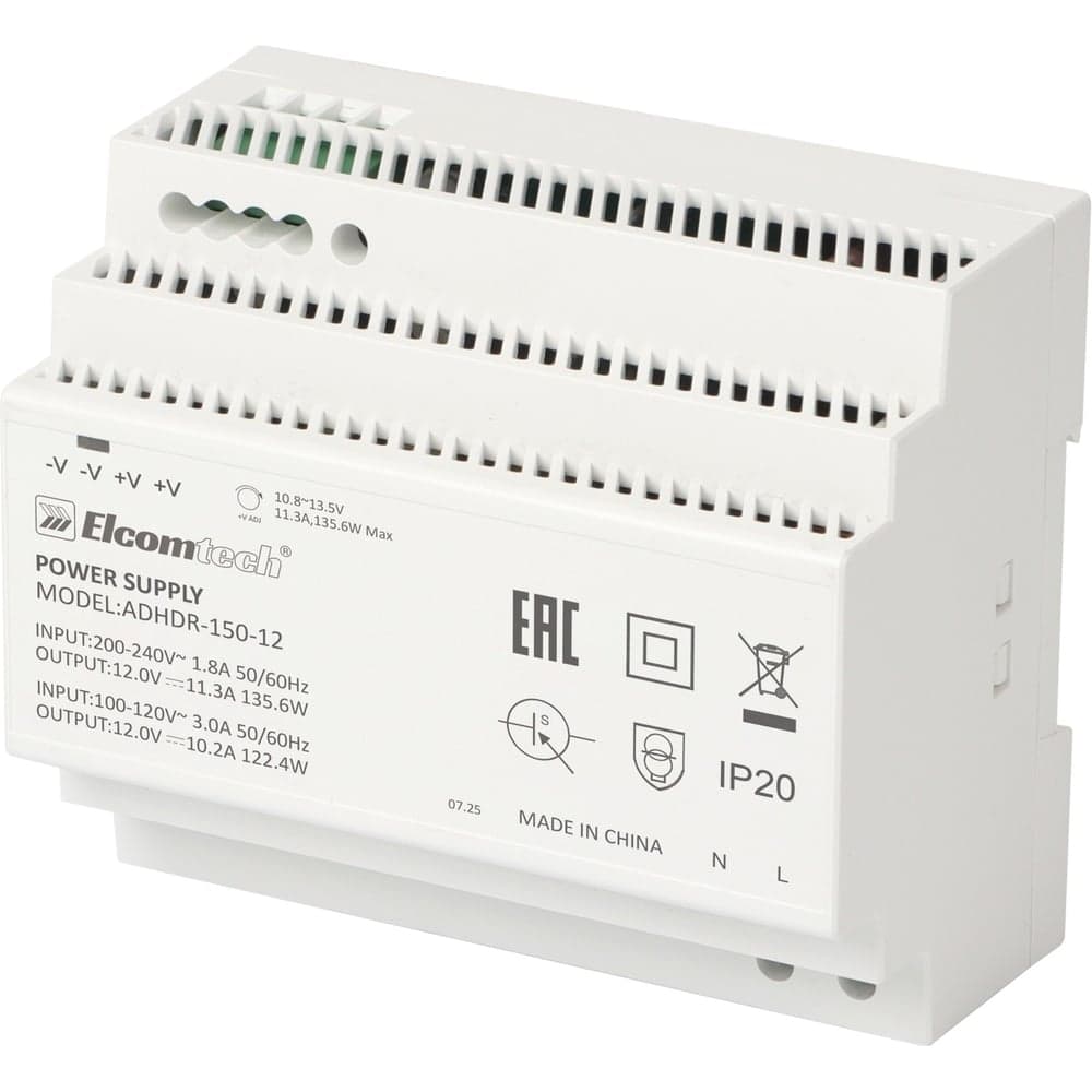 Блок питания на DIN рейку ELCOMTECH AC/DC 135W вход 100-240V,выход 12V 11,3A ADHDR-150-12 УТ-00038956