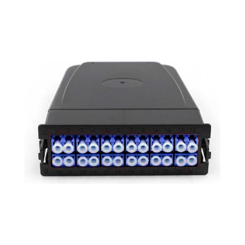 Кассета оптическая TopLAN 1хMPO(папа)/UPC - 24 LC/UPC (12DLC), одномодовое волокно 50/125 OS2, 24 волокна, тип А, цвет черный (RAL9005) TOP-OS21MPOMU24A12DLCU-BK