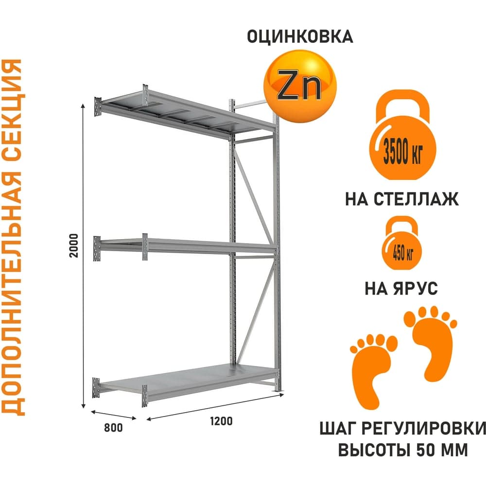 Дополнительная секция IRONMEBEL Optimus Pro h-2000 Zn, 3 яруса 1200х800 M-ДСГР20001200800ОЦ3