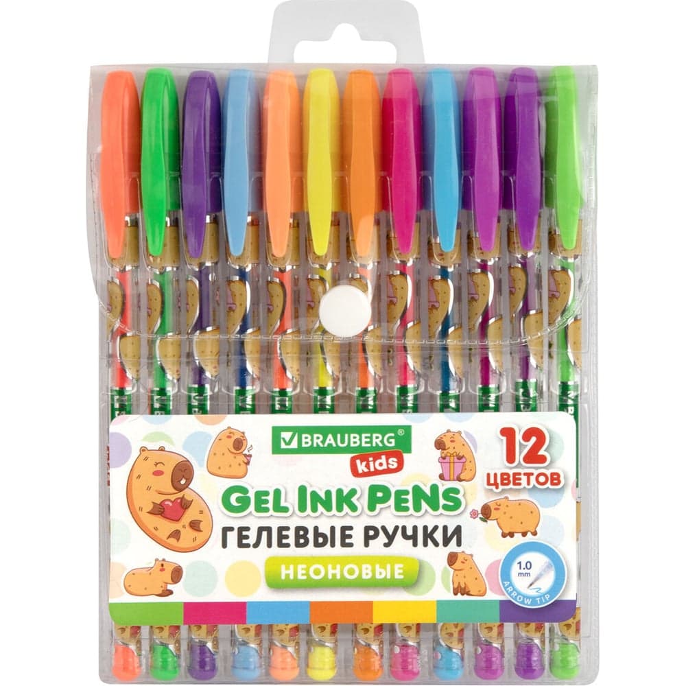 Ручки гелевые BRAUBERG НЕОНОВЫЕ KIDS CUTE ANIMALS, НАБОР 12 ЦВЕТОВ, линия письма 0,7 мм 144444