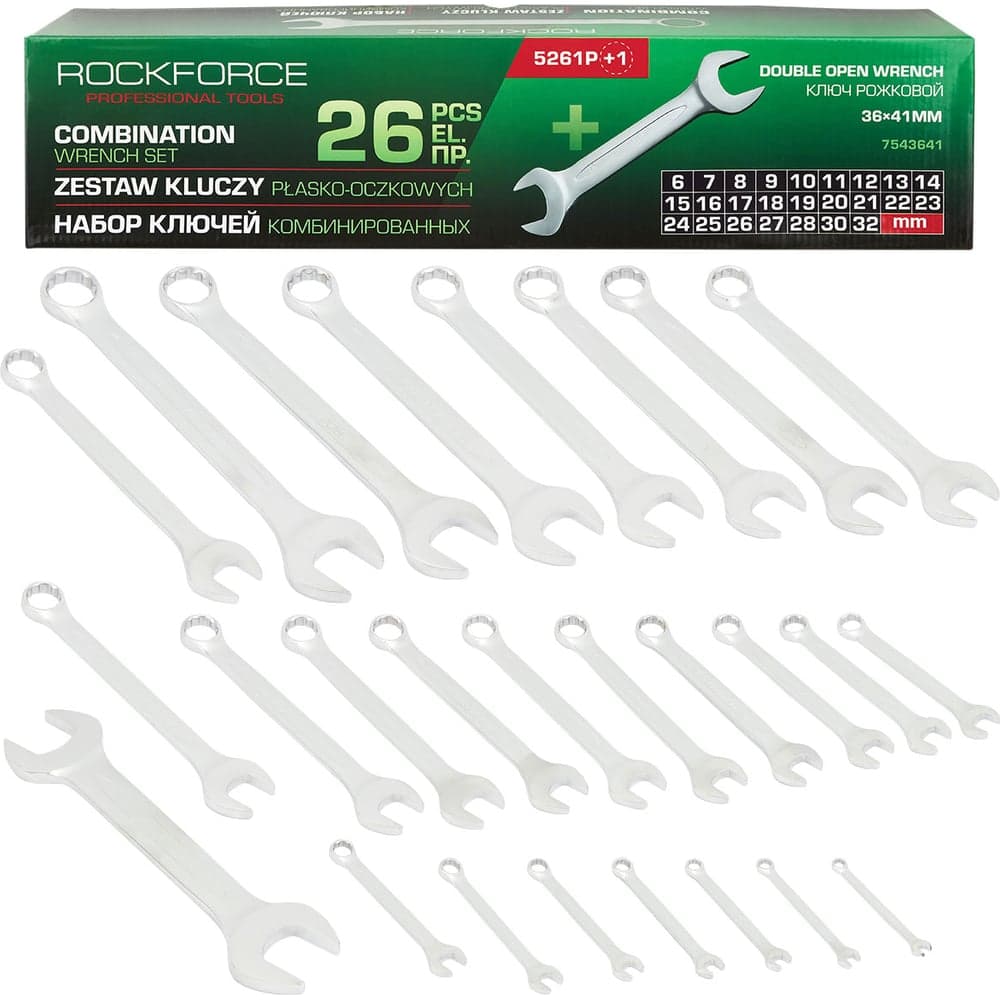 Набор ключей комбинированных Rockforce 25+1 предмет (6-28, 30, 32мм+ключ рожковый 36х41мм)на полотне RF-5261P+1(65626)