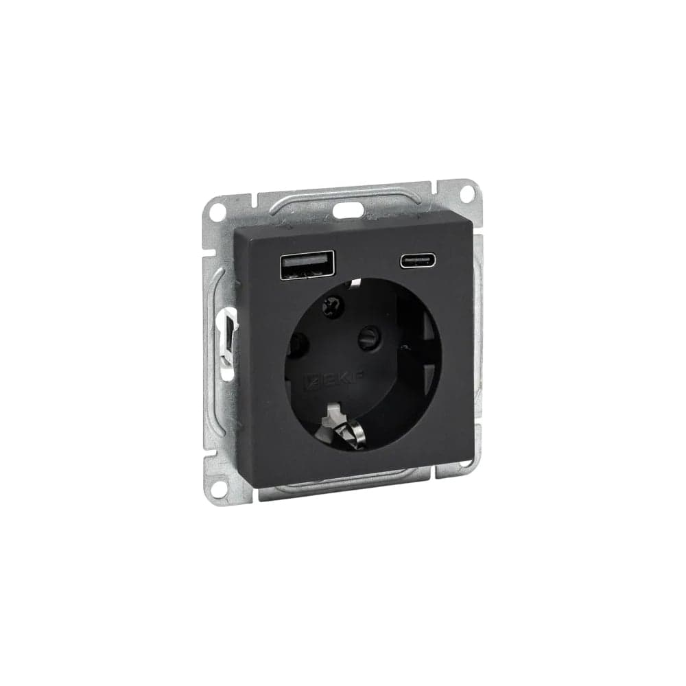 Механизм розетки EKF с USB-A+С - 2шт, 16А, с заземлением, со шторками, чёрный Эпика UP1-SOB-111-USBA+USBC