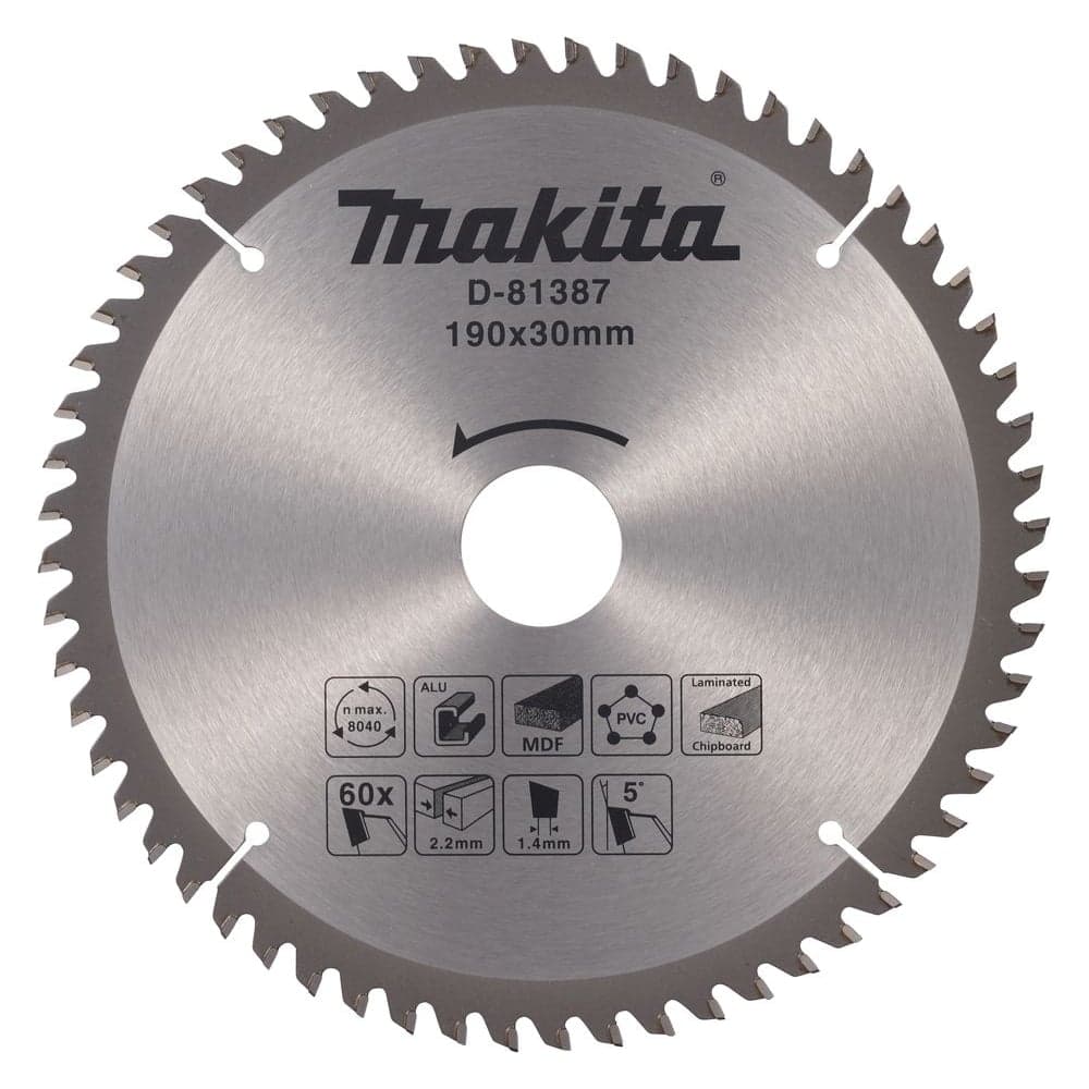 Пильный диск универсальный Makita для алюминия/дерева/пластика, 190x30x2.2/1.4x60T D-81387
