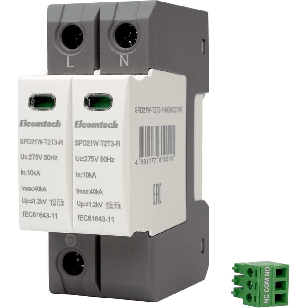 Устройство защиты импульсных перенапряжений ELCOMTECH T2T3 2P 40kA 275V SPD21W-T2T3-1N40AC275R УТ-00039181