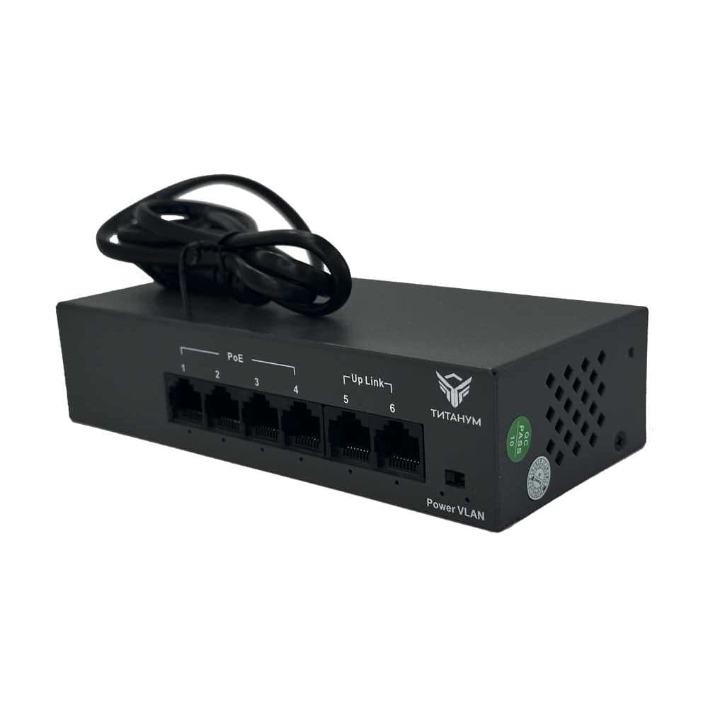 Коммутатор неуправляемый ТИТАНУМ TM042-02, 4 RJ45 10/100 Мбит/с PoE+2 Uplink 10/100 Мбит/с (55 Вт), ЭТ-00000010