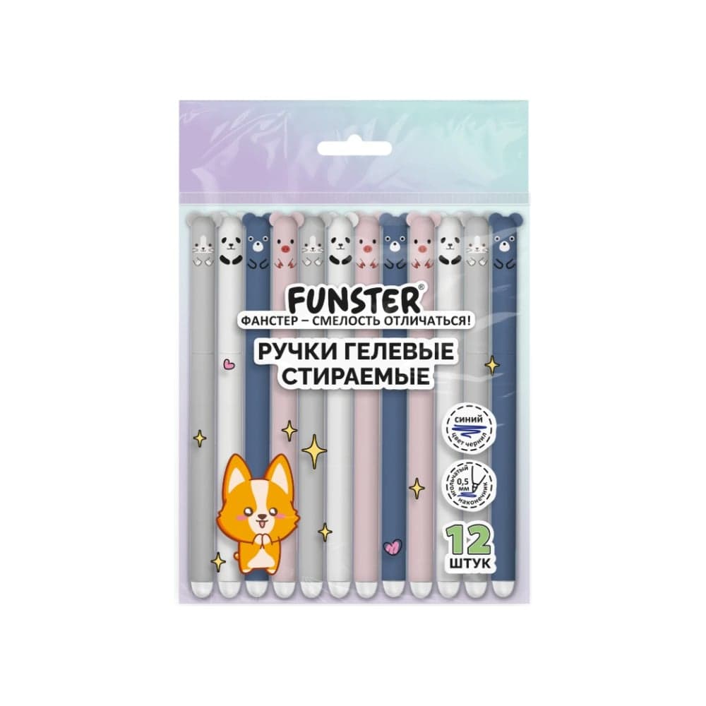 Ручки гелевые стираемые FUNSTER CUTE ANIMALS, СИНИЕ, НАБОР 12 ШТУК, ассорти, узел 0,5 мм, 144435