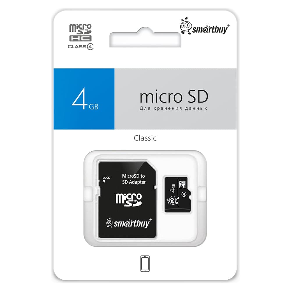 Карта памяти Smartbuy Micro SDHC 4GB Class 4 (с адаптером SD) SB4GBSDCL4-01