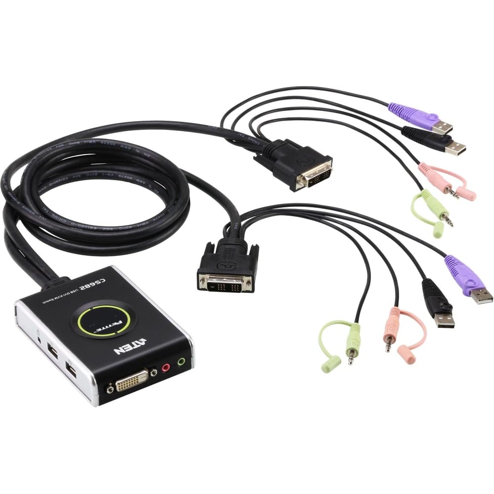 Переключатель ATEN USB KVM+Audio, 1 user USB+DVI-D = 2 cpu USB+DVI-D, со встр.шнурами USB+Audio 2x1.2м., 1920x1200, настол., исп.стандарт.шн CS682-AT