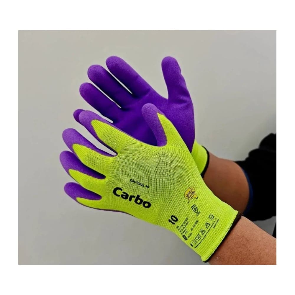 Перчатки из салатового нейлона GOLD MANIBUS Carbo Xi-vis цвета покрытие фиолет вспененным латексом р.10 (XL) GM-1002L-10
