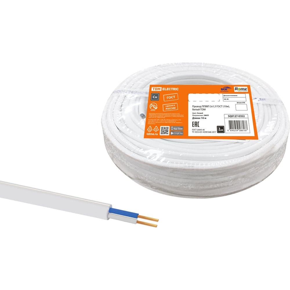 Провод ПГВВП TDM ELECTRIC 2x1,5 ГОСТ 10м, белый SQ0127-0352