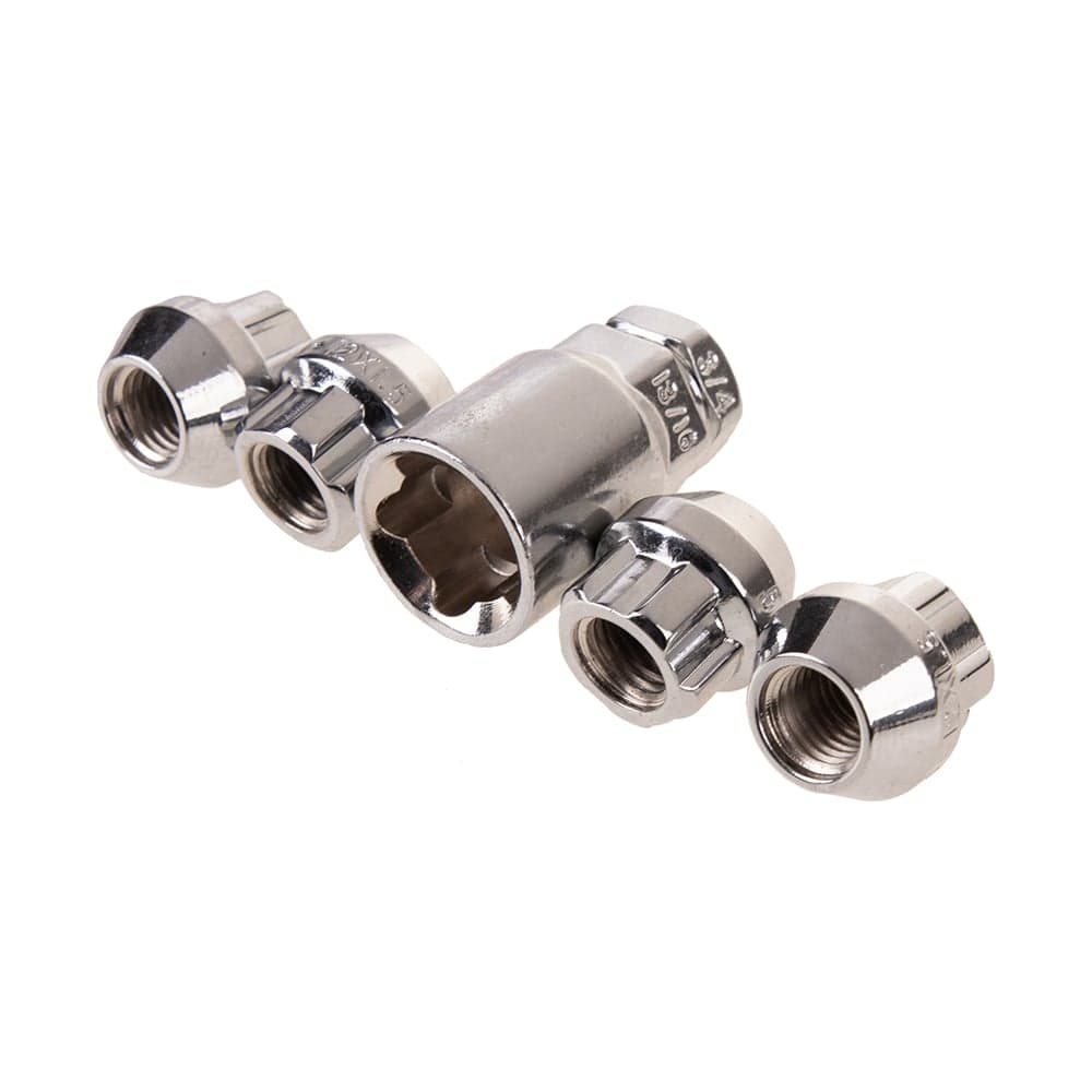 Гайки секретки M12x1.50, 21 мм, конус откр 5 луч 1 кл, хром 002, 4 шт SKYWAY S10702002