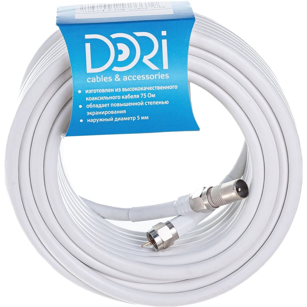 Коаксиальный кабель DORI RG-6 на F-разъёмах 10 м + переходник на TV 40897