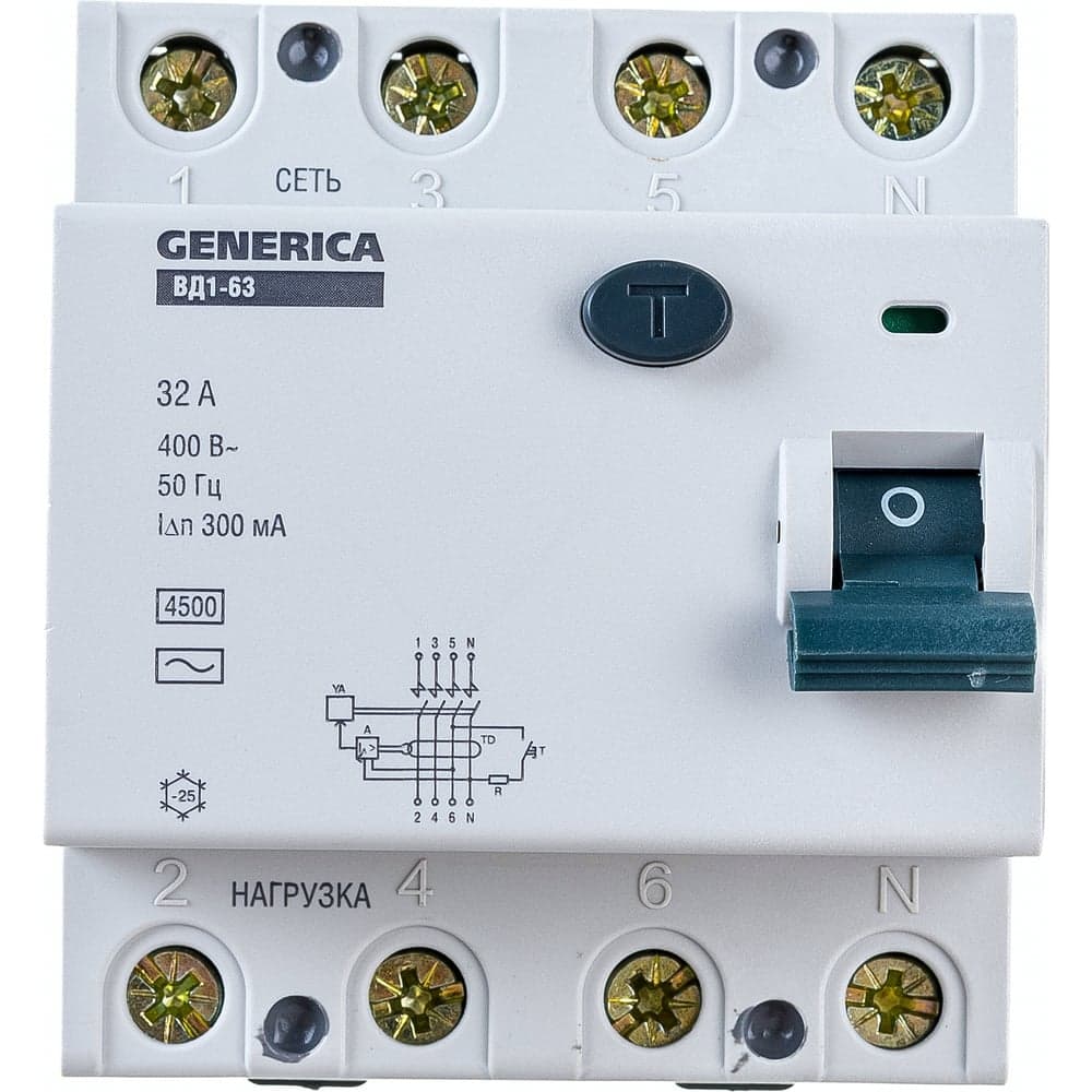Дифференциальный выключатель GENERICA УЗО ВД1-63 4Р 32А 300мА MDV15-4-032-300