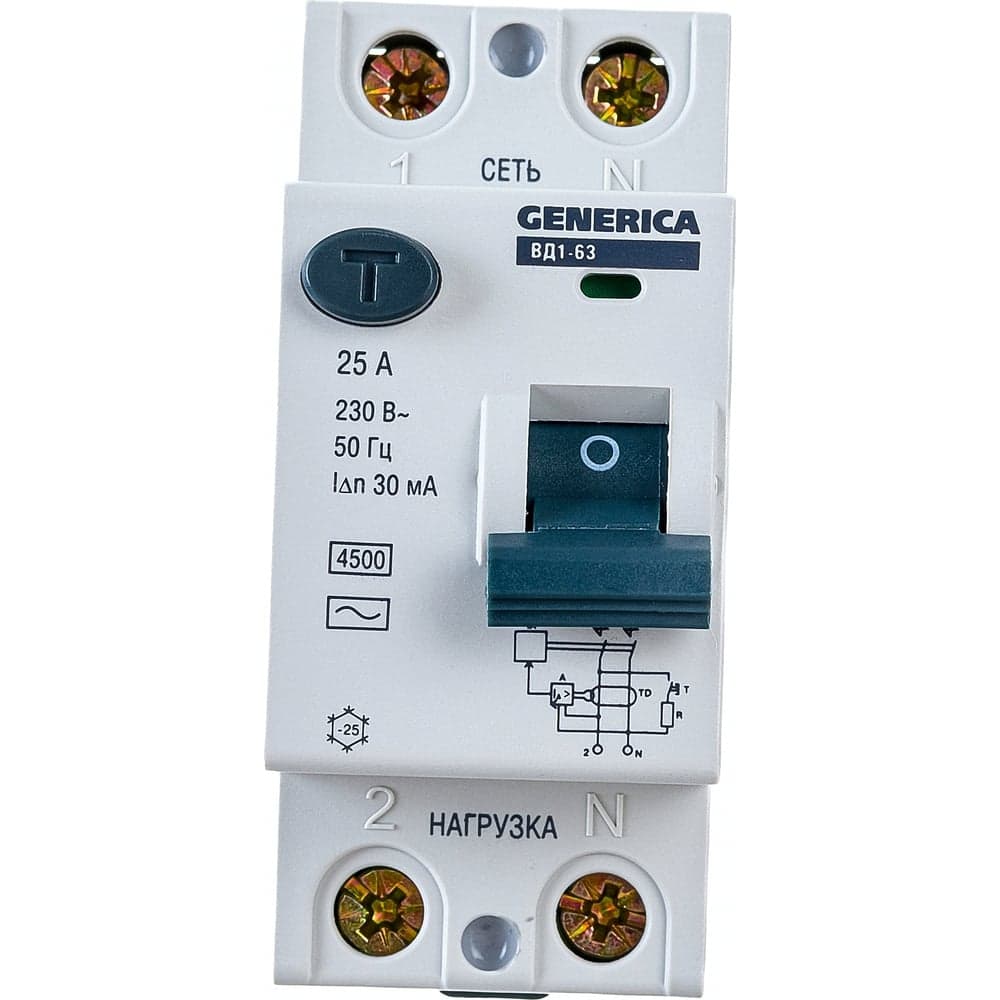 Дифференциальный выключатель GENERICA УЗО ВД1-63 2Р 25А 30мА MDV15-2-025-030