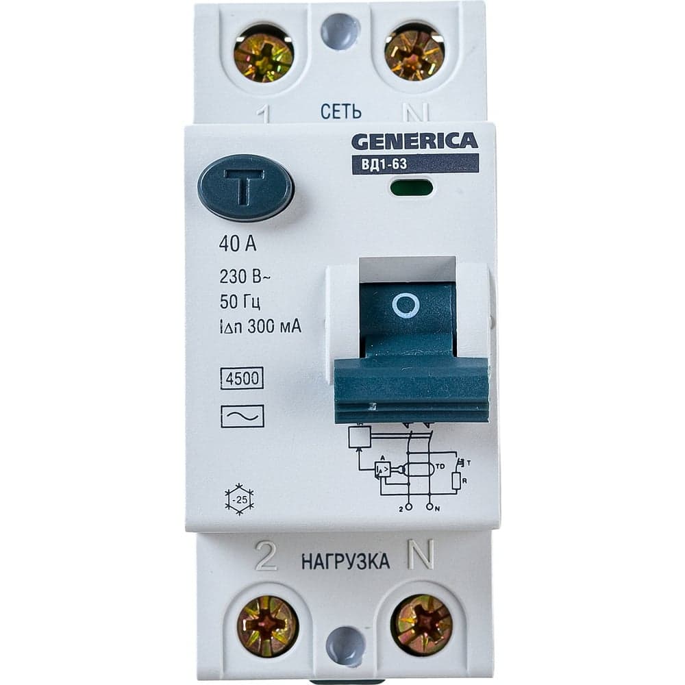 Дифференциальный выключатель GENERICA УЗО ВД1-63 2Р 40А 300мА MDV15-2-040-300