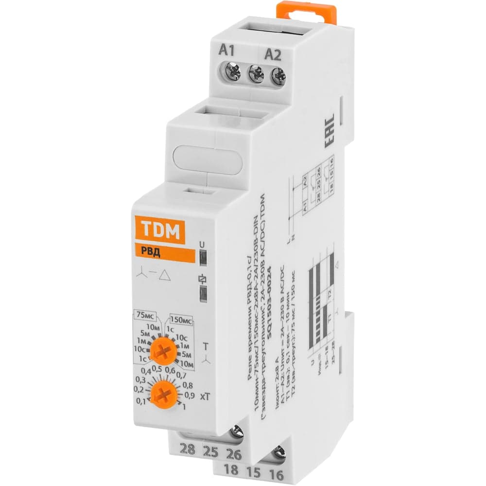 Реле времени РВД TDM ELECTRIC 0,1с/10мин-75мс/150мс-2х8А-24/230В-DIN звезда-треугольник 24-230В АС/DC SQ1503-0024