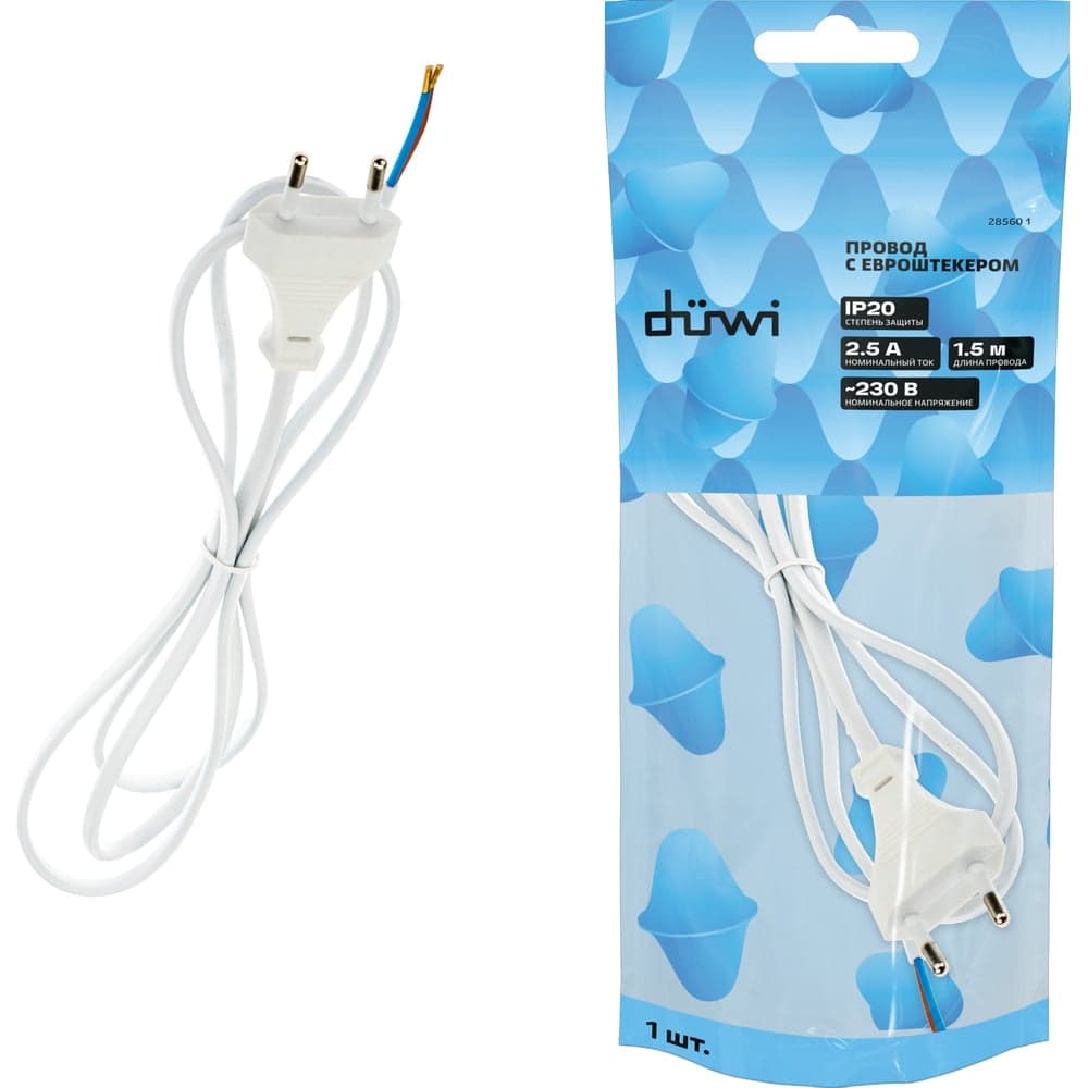 Провод с евроштекером duwi белый 1,5м H 03 VV-F 2x0,5 мм 28560 1