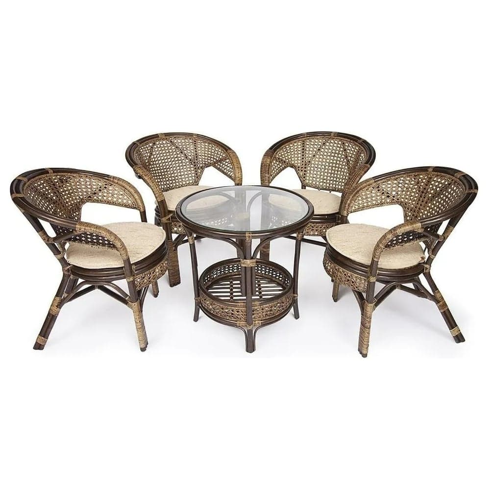 Комплект Tetchair PELANGI 02/15 стол со стеклом, 4 кресла без подушек, ротанг, грецкий орех 3597